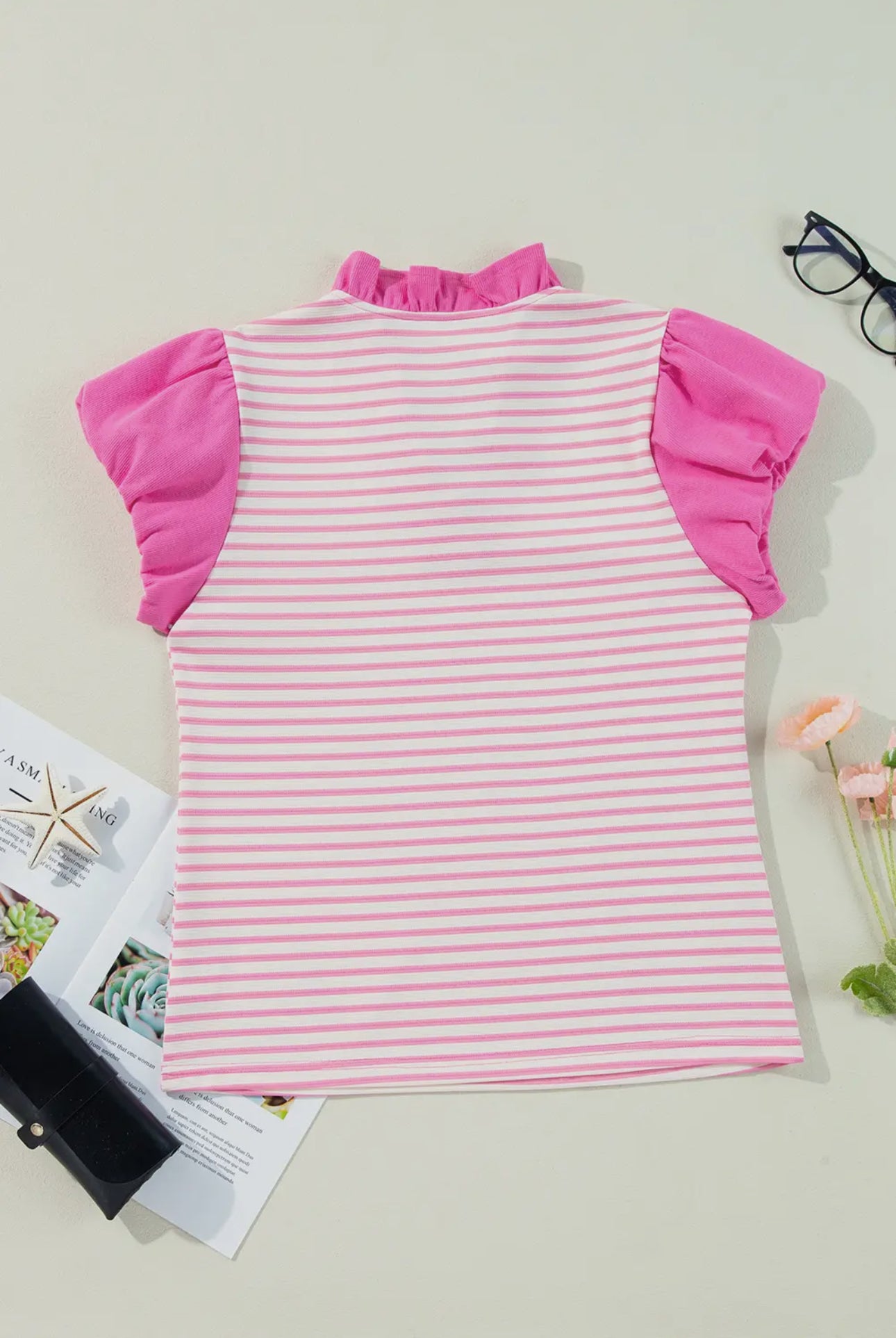 Striped Ruffle V Neck Top