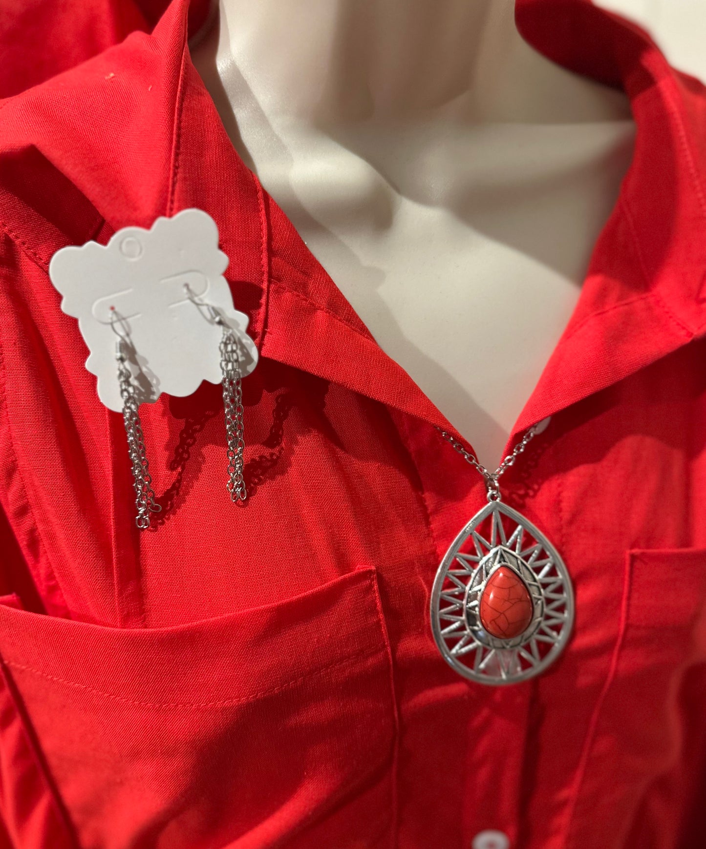Red/Silver Long Necklace Set