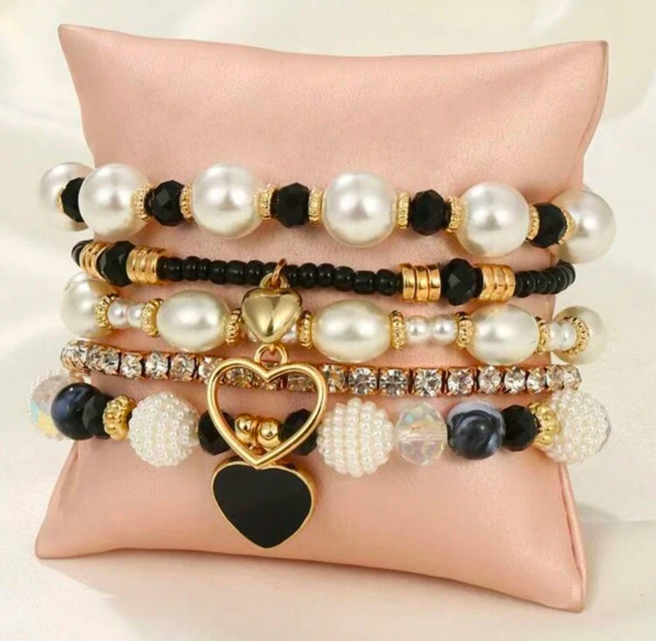 5pc Black/Pearl Bead Bracelet