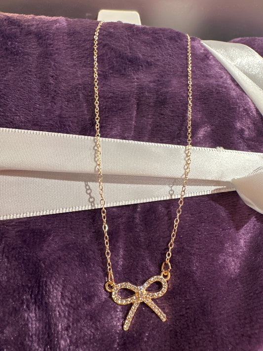 Gold Rhinestone Bow Necklace