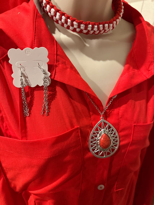 Cracked Red Stone Necklace/Earring Set