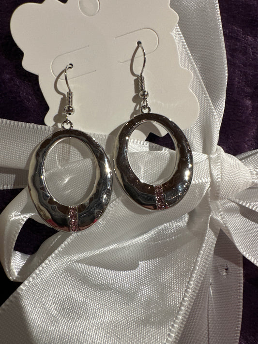 Pink Stone Silver Hoop Earrings