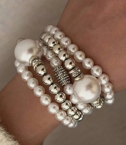 5 pc Silver Peal Beaded Bracelet