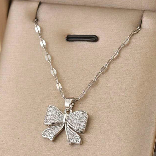 Silver Crystal Bowknot Necklace
