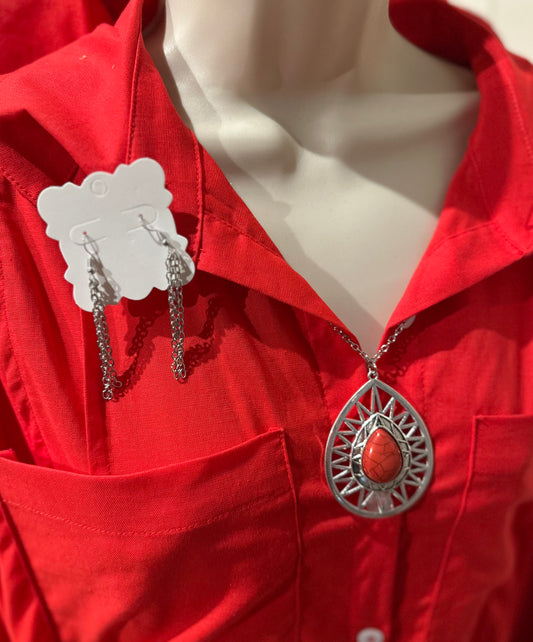 Red/Silver Long Necklace Set