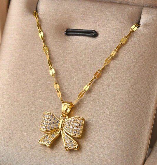 Gold Crystal Biwknot Necklace