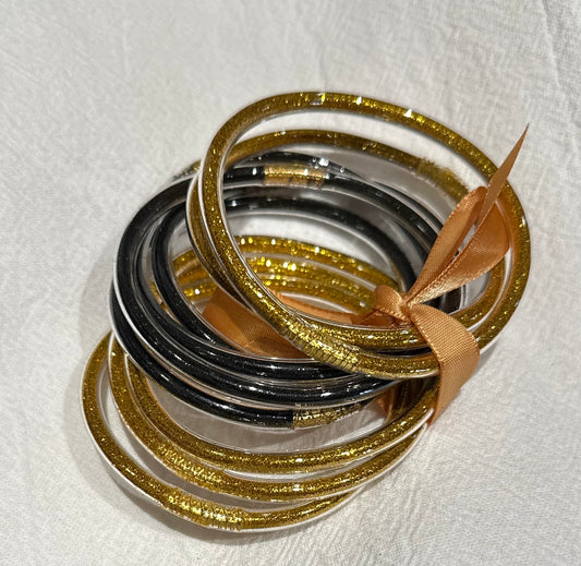 Black/Gold Silicone 9pc Bangles