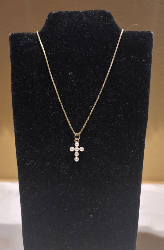 Tiny Girl Pearl Cross Necklace